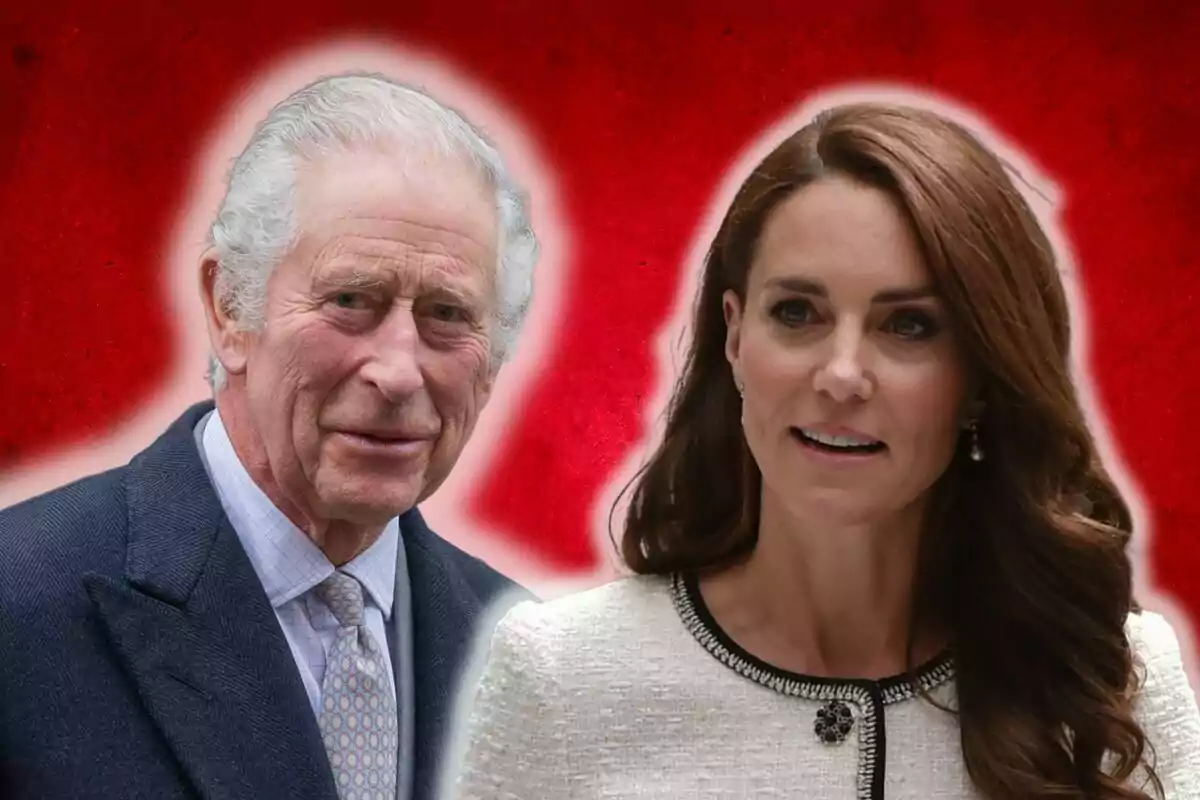 Carles III i Kate Middleton posant davant d'un fons vermell. Carles III i Kate Middleton posant davant d'un fons vermell.