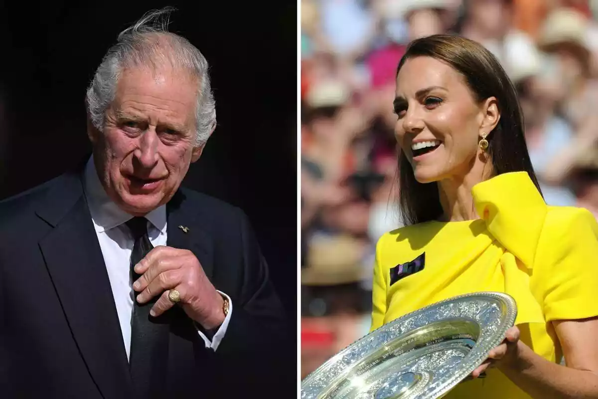 Montage with King Charles III serious in a black suit and Kate Middleton laughing in a yellow dress Montage with King Charles III serious in a black suit and Kate Middleton laughing in a yellow dress