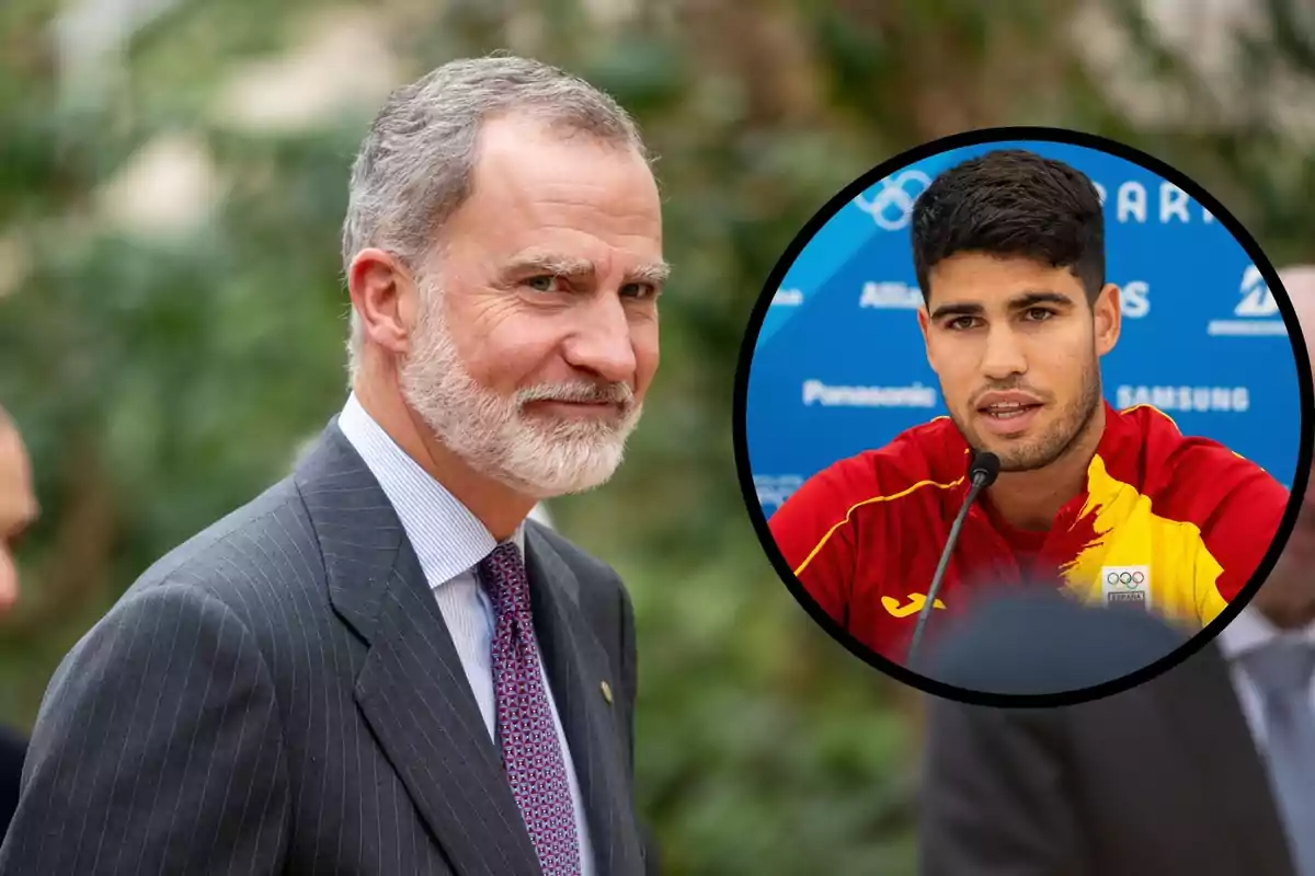 Muntatge amb el rei Felip, somrient amb cabells canosos i barba, i Carlos Alcaraz, dins d’un cercle amb samarreta de la selecció espanyola