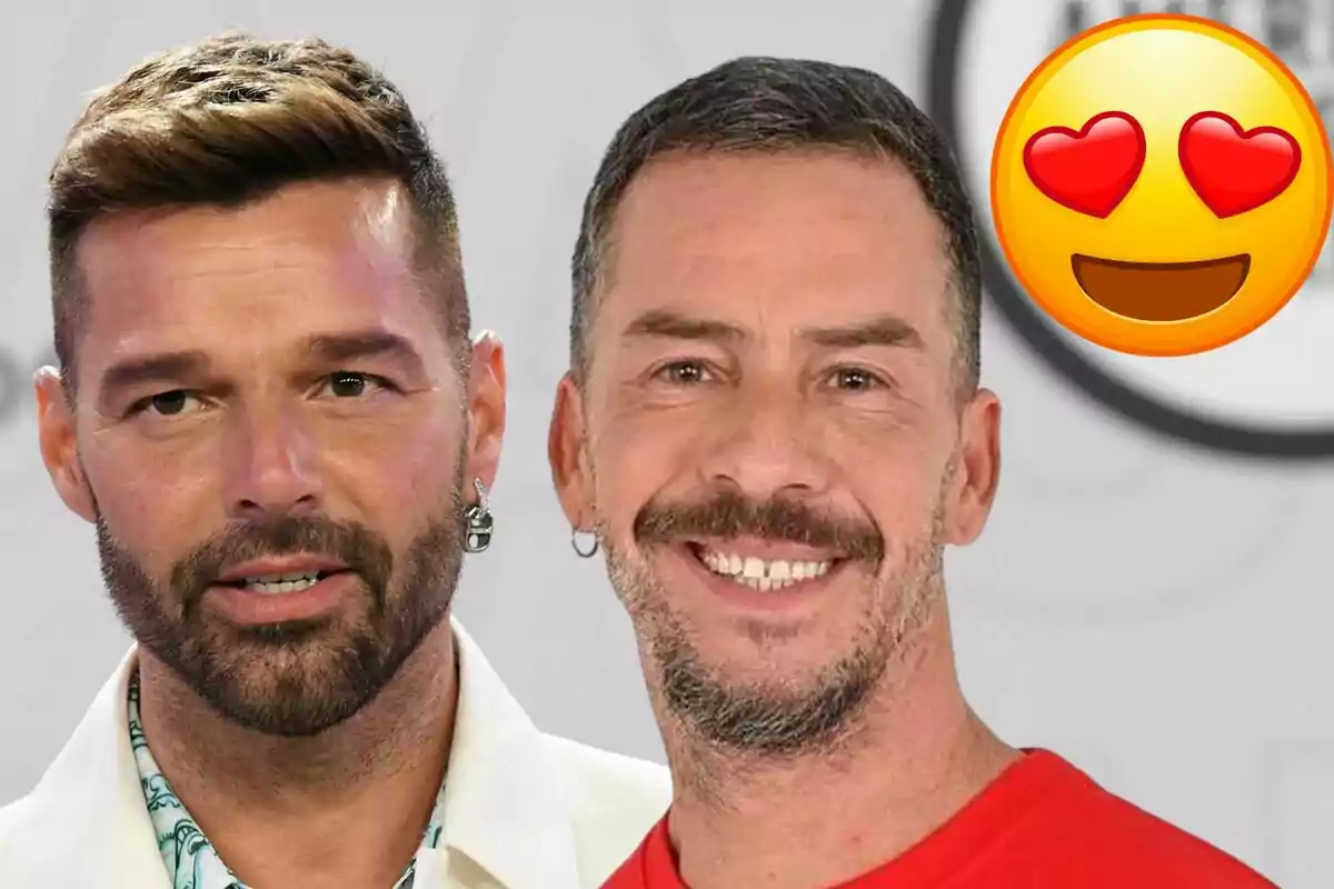 Ricky Martin i Nacho Palau somrients amb un emoji d'ulls de cor a la cantonada superior dreta.