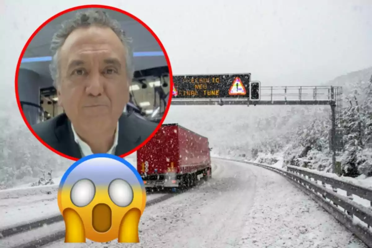 Un home en un cercle vermell sobre una carretera nevada amb un camió i un senyal d'advertiment, acompanyat d'un emoji sorprès.