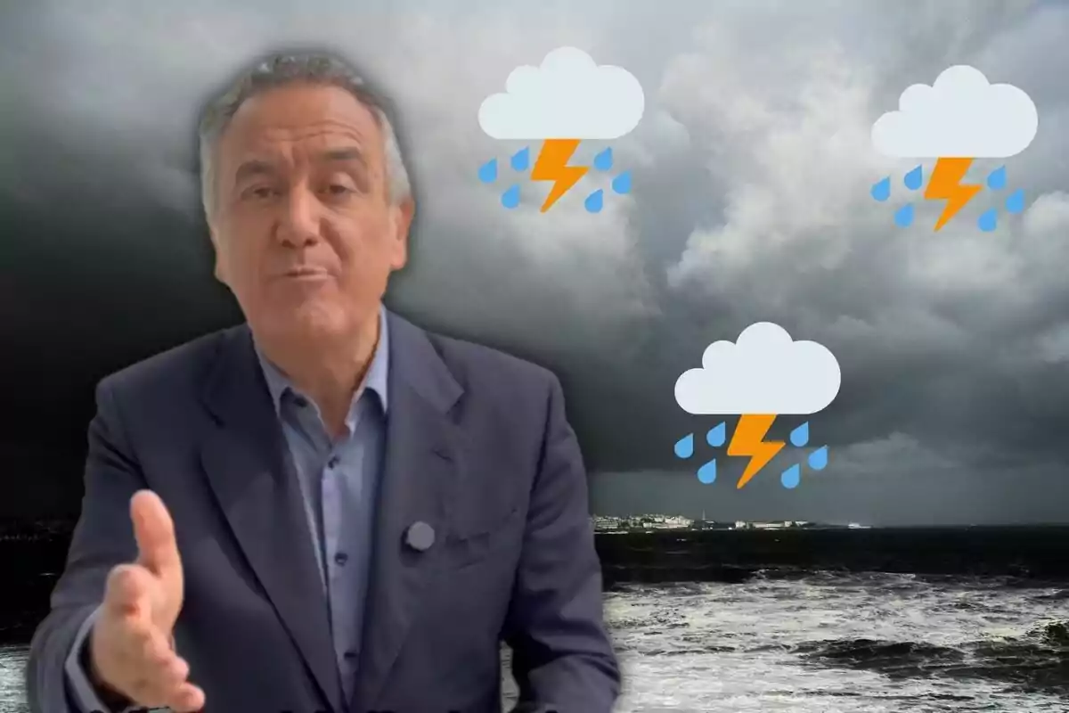 Un home amb vestit fosc gesticula davant d'un fons de cel ennuvolat i mar agitat amb icones de núvols de tempesta i llamps. Un home amb vestit fosc gesticula davant d'un fons de cel ennuvolat i mar agitat amb icones de núvols de tempesta i llamps.