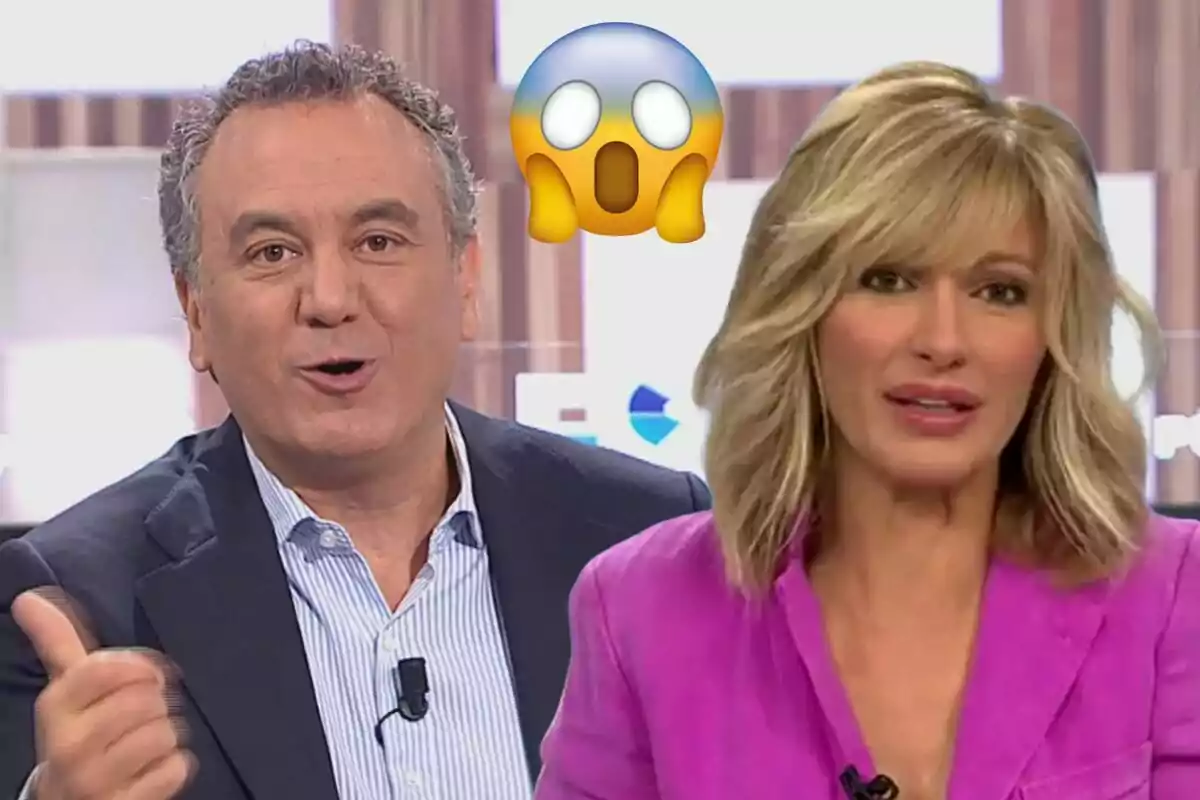 Roberto Brasero i Susanna Grisoo en un plató de televisió amb un emoji sorprès flotant entre elles.