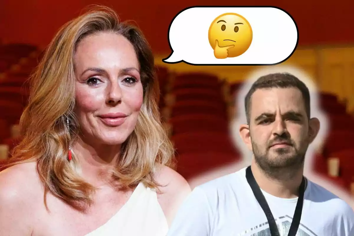 Rocío Carrasco i David Flores Carrasco posen davant un fons de seients vermells, amb un emoji pensatiu en un globus de diàleg. Rocío Carrasco i David Flores Carrasco posen davant un fons de seients vermells, amb un emoji pensatiu en un globus de diàleg.