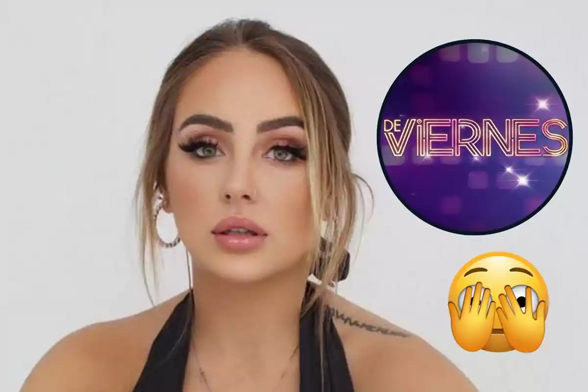 Muntatge de Rocío Flores, maquillada i amb monyo, al costat del logotip del programa "De Divendres" i un emoji tapant-se la cara