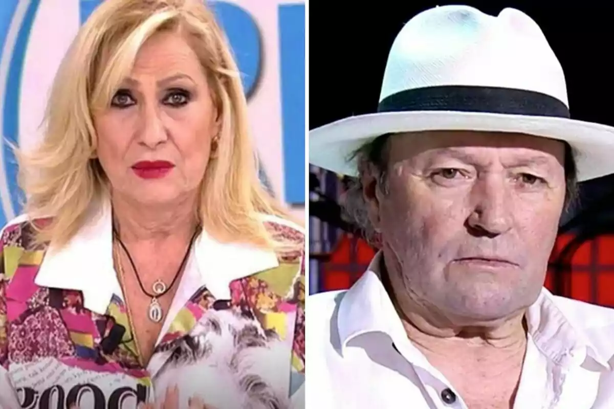 Rosa Benito i Amador Mohedano en un muntatge de fotos, una dona rossa amb camisa acolorida i un home amb barret blanc i camisa blanca.