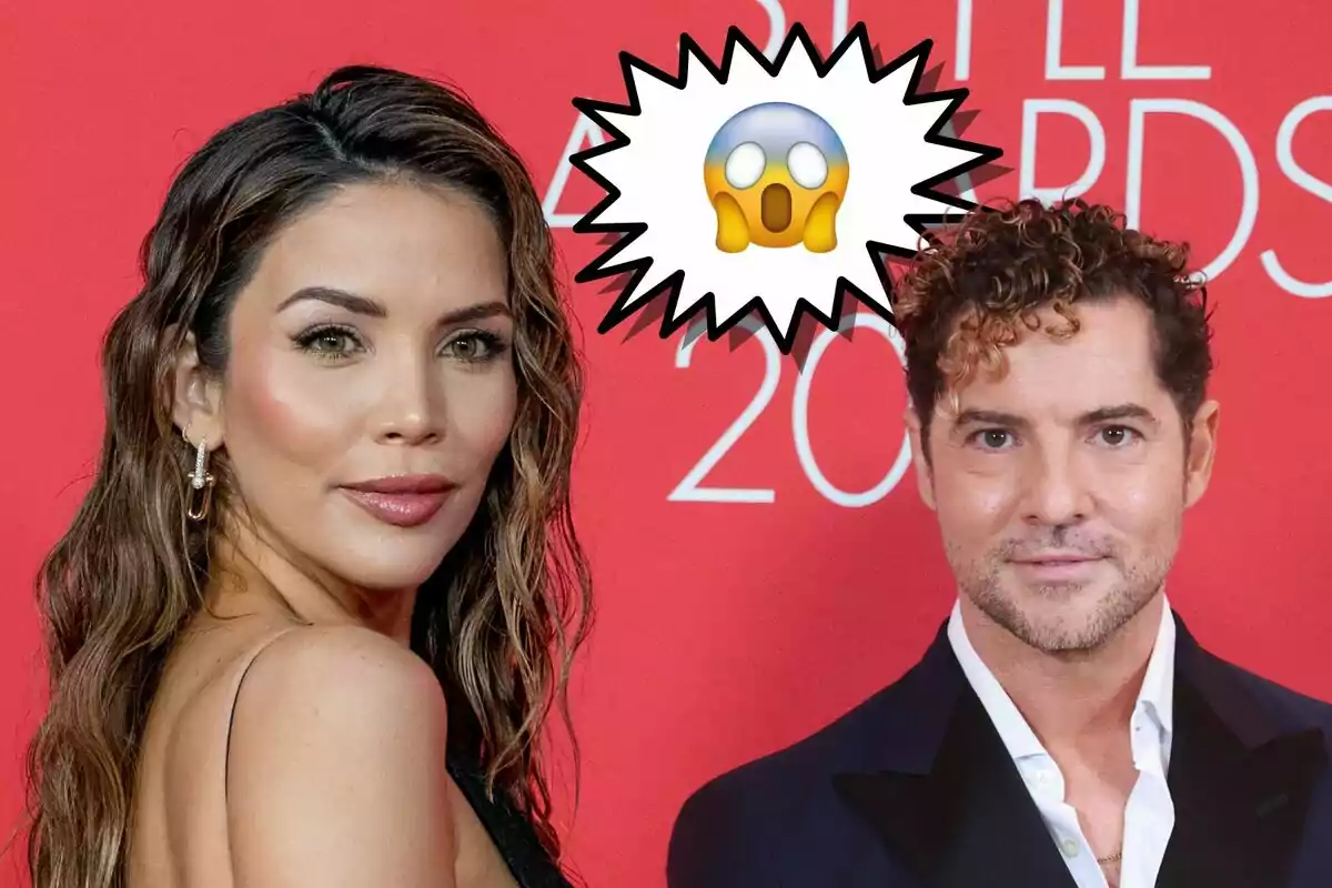 Rosanna Zanetti i David Bisbal posant davant un fons vermell amb un emoji de sorpresa entre ells.