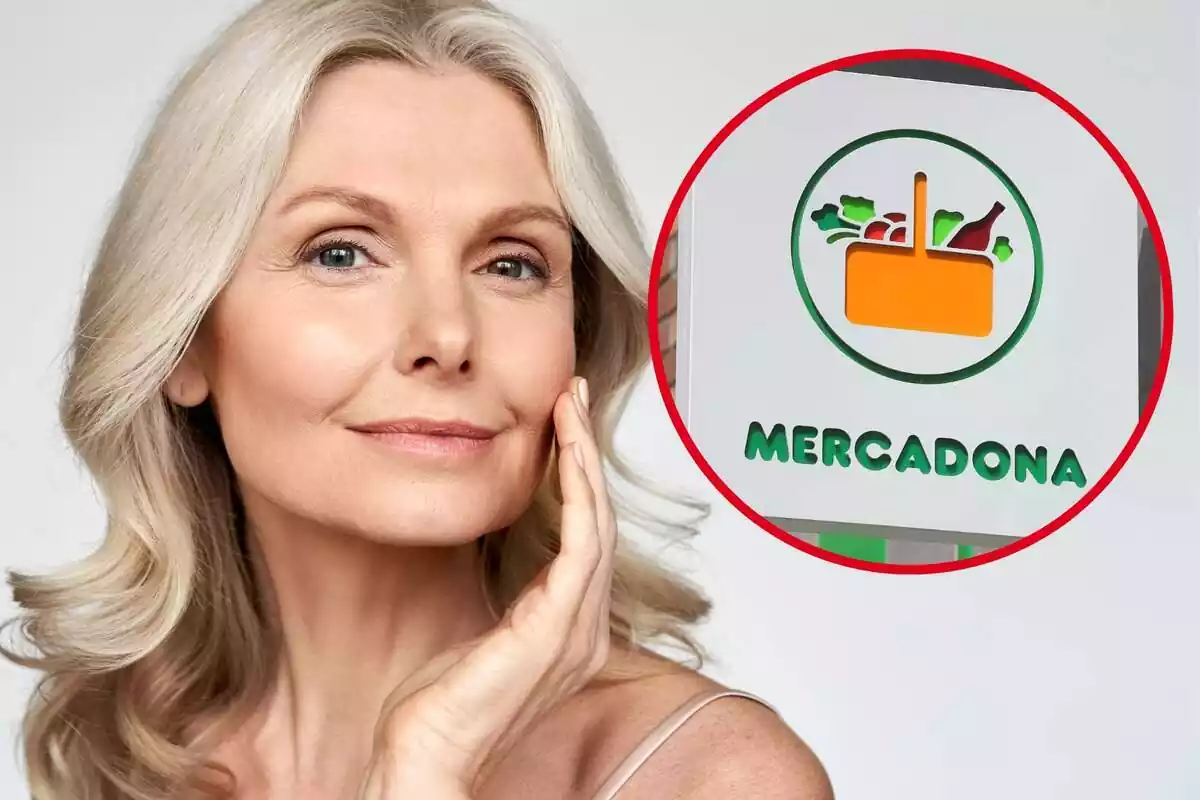 Muntatge amb la cara d'una dona d'edat avançada i un cercle amb el logotip de Mercadona