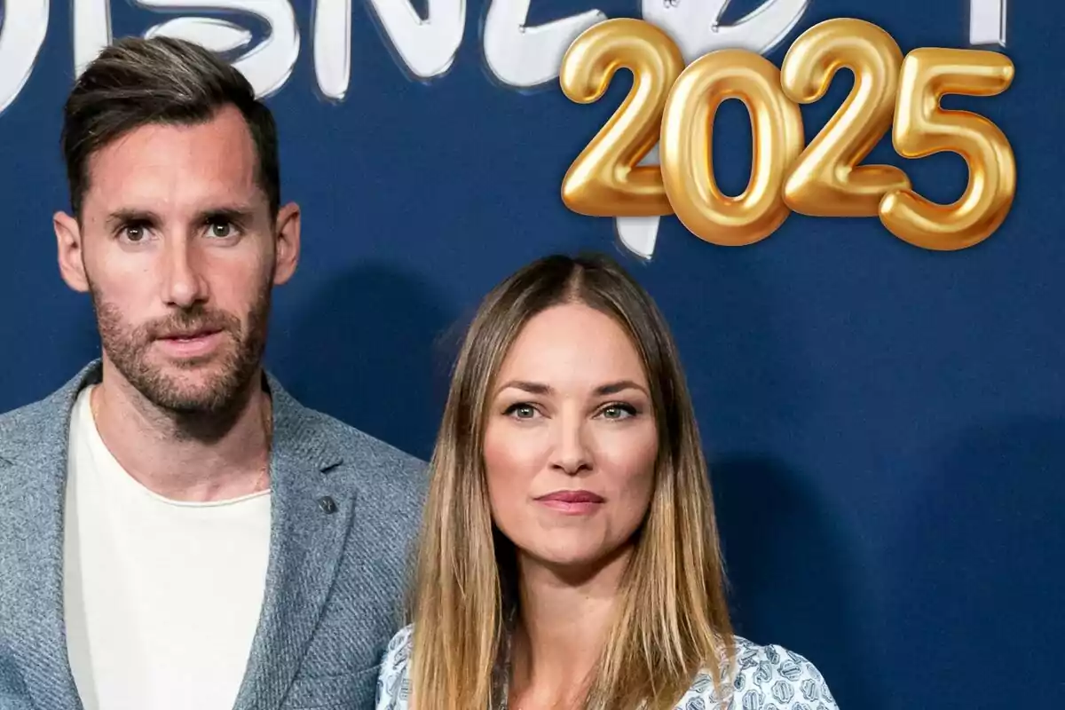 Rudy Fernández i Helen Lindes posant davant d'un fons blau amb el número 2025 en lletres daurades.