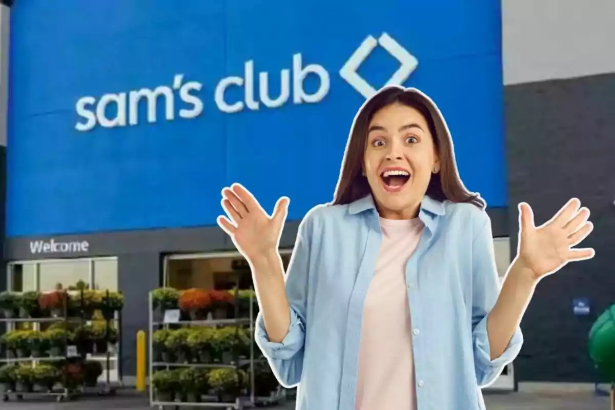 Young woman with a surprised and joyful expression in front of the entrance to a Sam's Club store