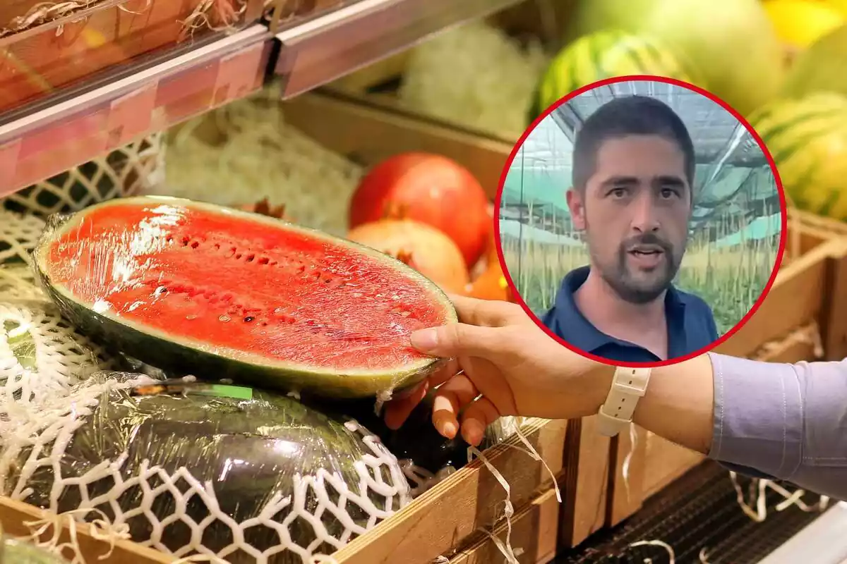 Muntatge de síndries al supermercat i una rodona amb la cara de l'agricultor 'Cortacurro'