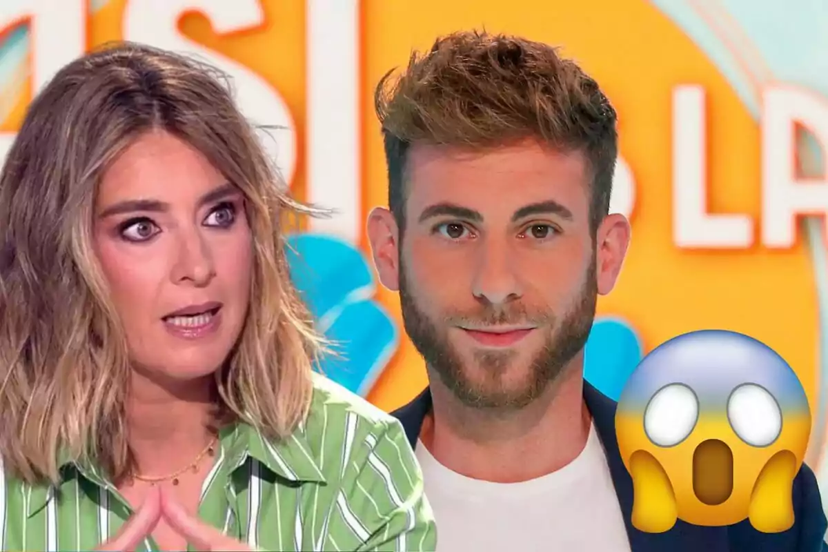 Sandra Barneda i César Muñoz apareixen en un programa de televisió amb un emoji de sorpresa a la cantonada inferior dreta.