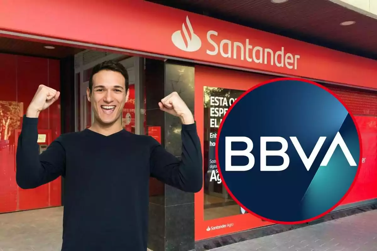 Un home somrient amb els punys aixecats davant d'una sucursal de Santander amb un logotip de BBVA superposat.