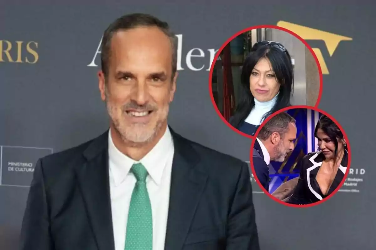 Santi Acosta amb vestit i corbata verda en un esdeveniment, amb dues imatges circulars amb Maite Galdeano al fons.