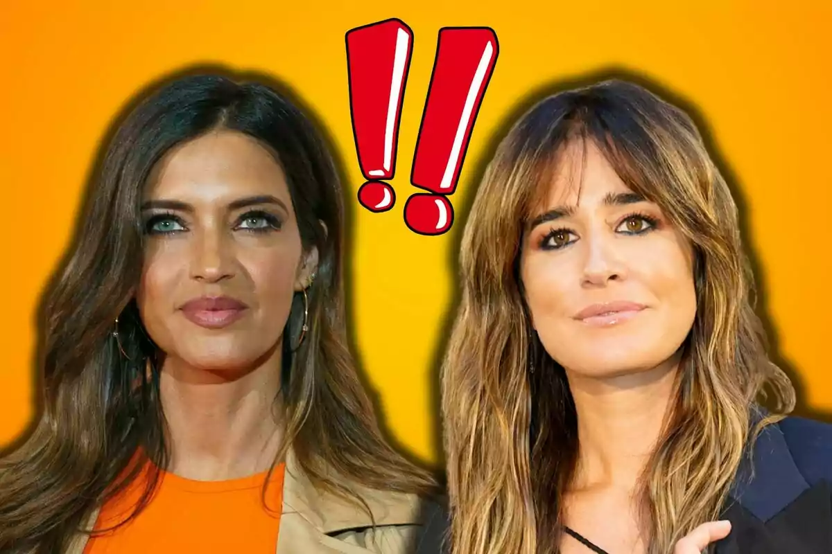 Sara Carbonero i Isabel Jiménez amb cabell llarg i solt posen davant d'un fons taronja amb signes d'exclamació vermells al centre.