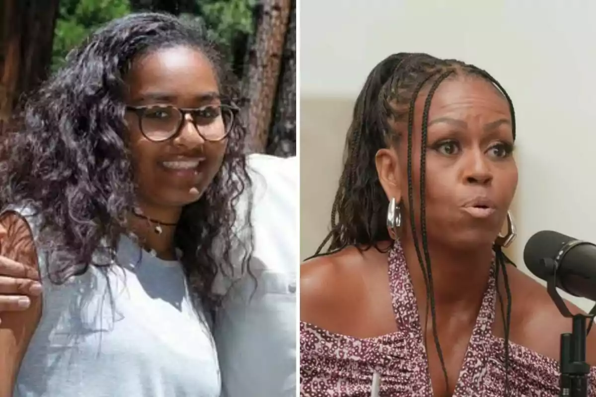 Sasha and Michelle Obama in a split image: the one on the left is smiling and wearing glasses, the one on the right is speaking into a microphone and has braided hair. Sasha and Michelle Obama in a split image: the one on the left is smiling and wearing glasses, the one on the right is speaking into a microphone and has braided hair.