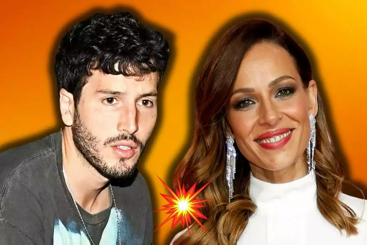 Sebastián Yatra and Eva González appear together against an orange background with an explosion effect between them.