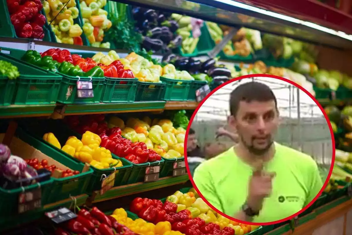 Muntatge amb una imatge de la secció de verdures d'un supermercat i un cercle amb la cara del pagès Manuel Puertas