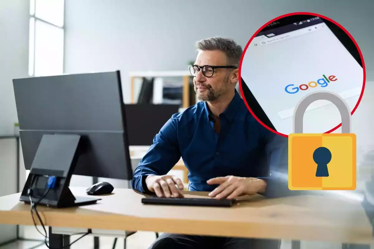 Un home treballa amb el seu ordinador, i al cercle, un mòbil amb la pantalla de Google i un cadenat