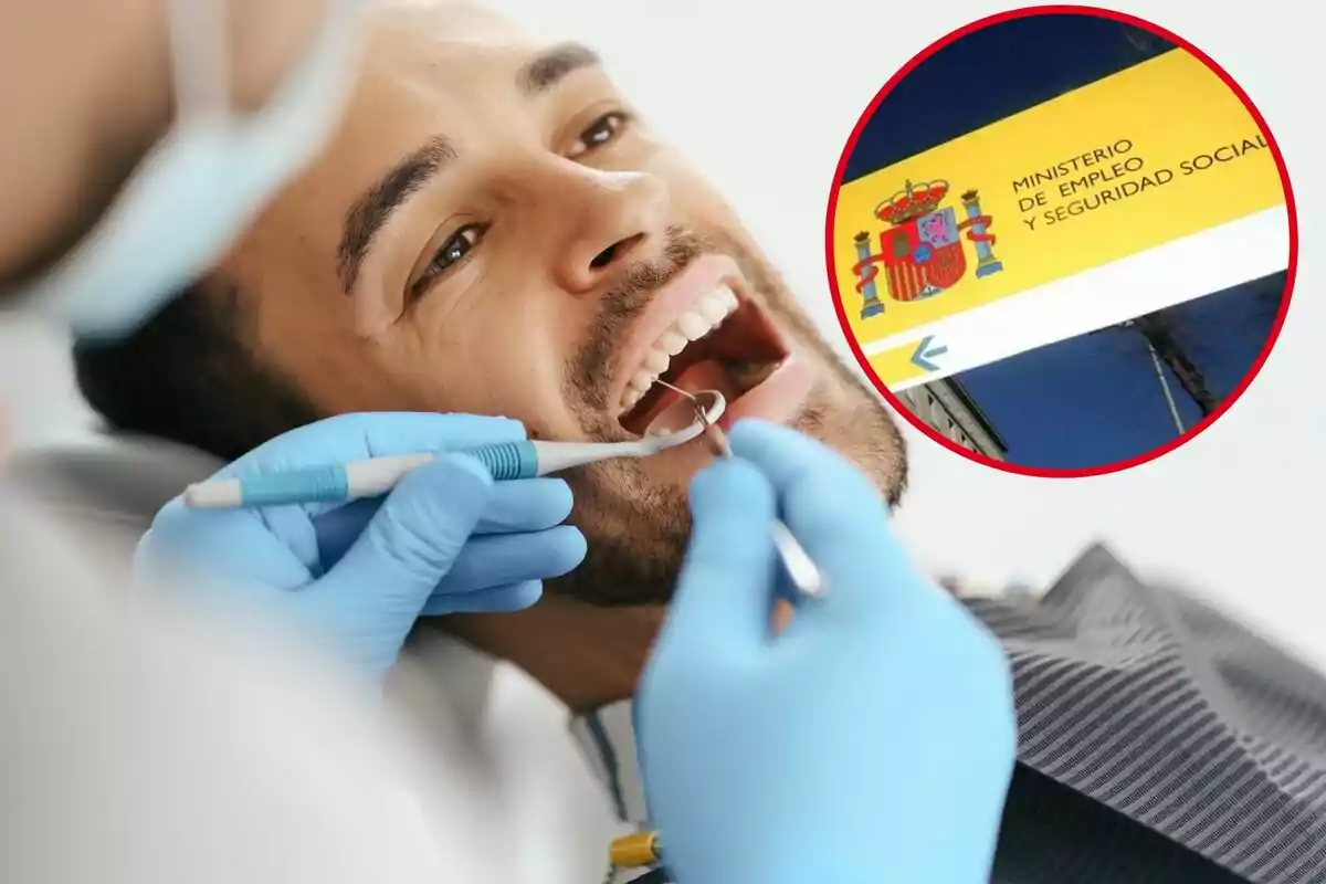 Un home rep tractament al dentista, i al cercle, el rètol de la Seguretat Social