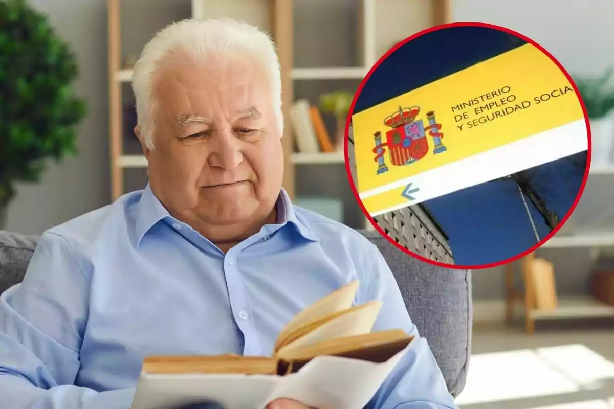 Home gran llegint un llibre a casa amb un requadre que mostra el logo del Ministeri d'Ocupació i Seguretat Social.