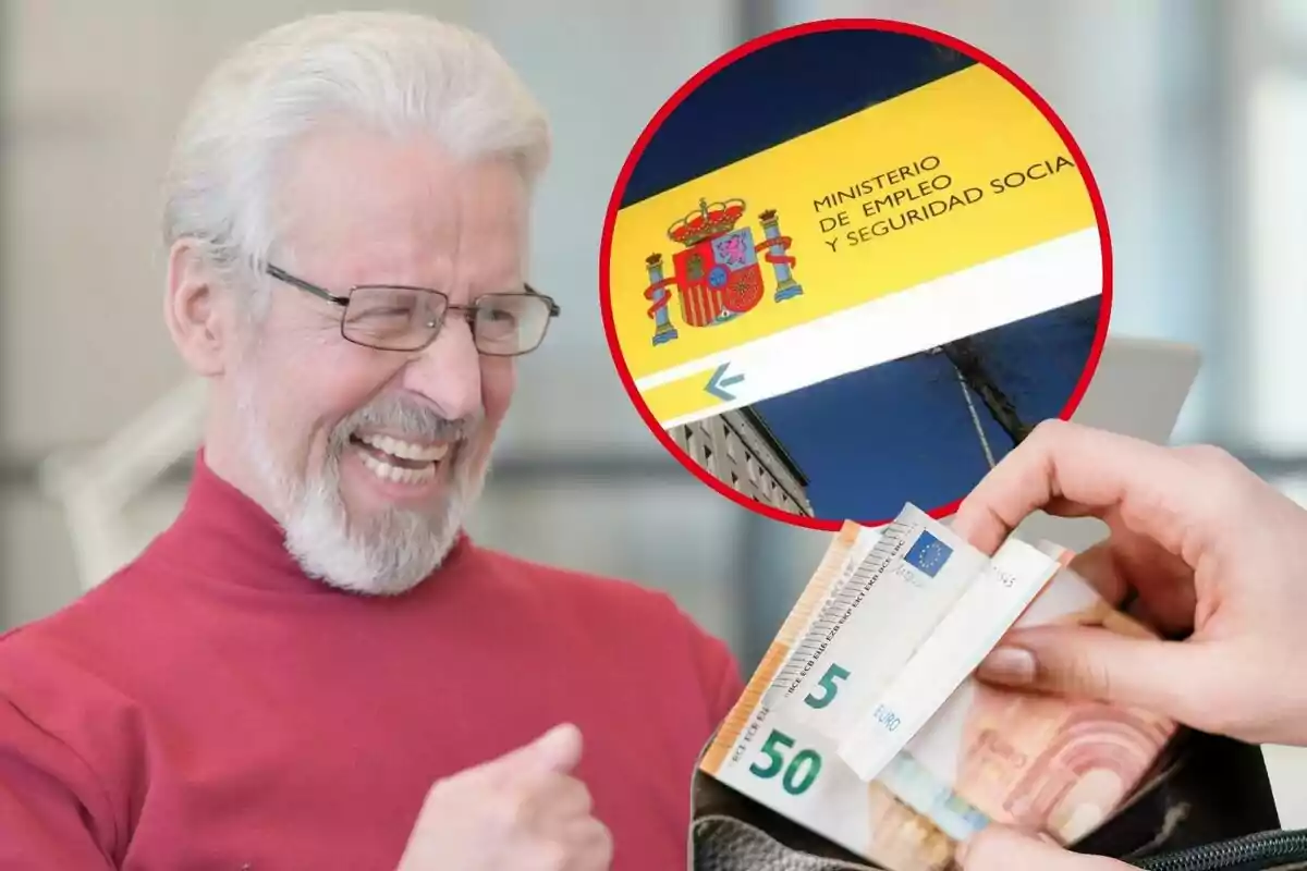 Un home gran somrient amb ulleres i barba blanca, una mà sostenint bitllets d?euro i un cartell del Ministeri d?Ocupació i Seguretat Social d?Espanya.