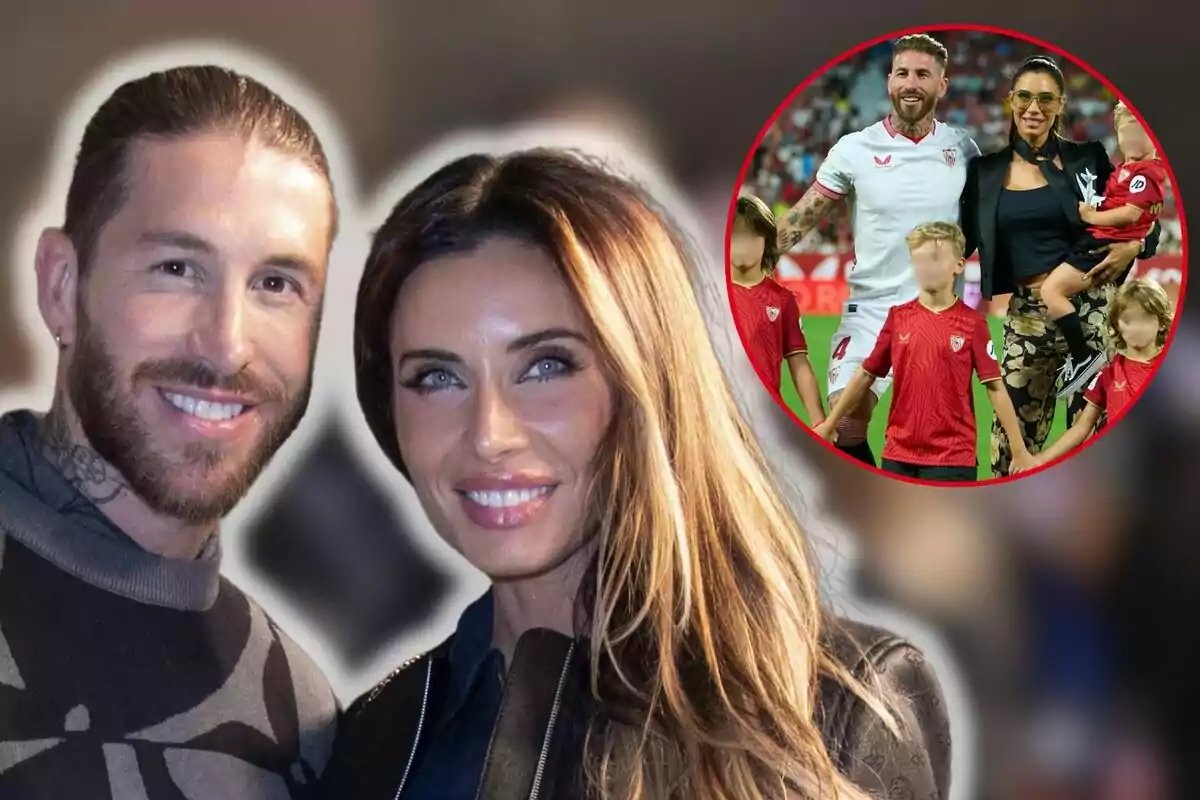 Sergio Ramos i Pilar Rubio somrient posant per a la càmera amb una imatge inserida d'una família en un estadi de futbol.