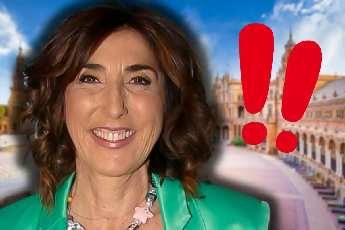 Paz Padilla somrient amb cabell castany i una jaqueta verda apareix davant d'un fons arquitectònic amb signes d'exclamació vermells.