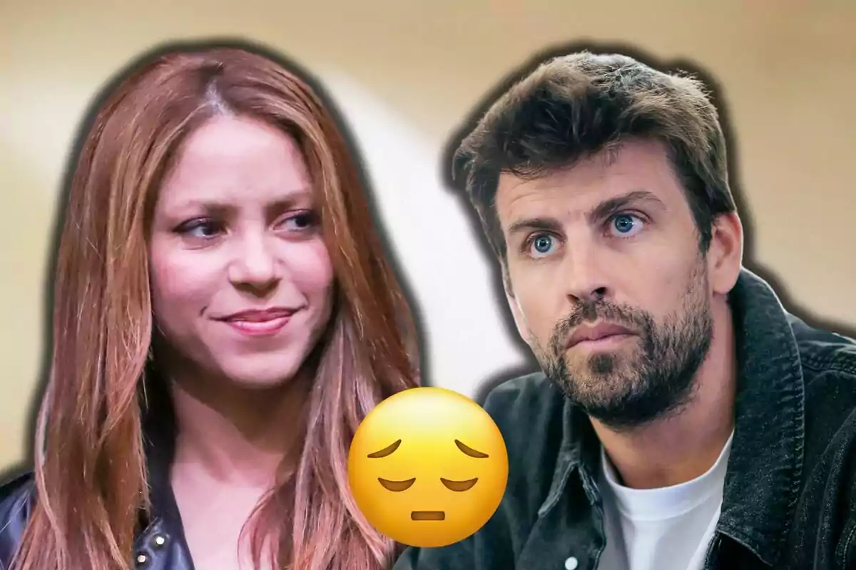 Shakira and Gerard Piqué looking at each other with a serious expression and a thinking face emoji between them.
