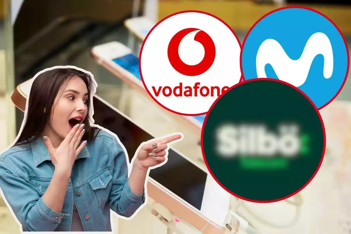 Una dona sorpresa assenyala cap als logotips de Vodafone, Movistar i un altre borrós, amb telèfons mòbils al fons.