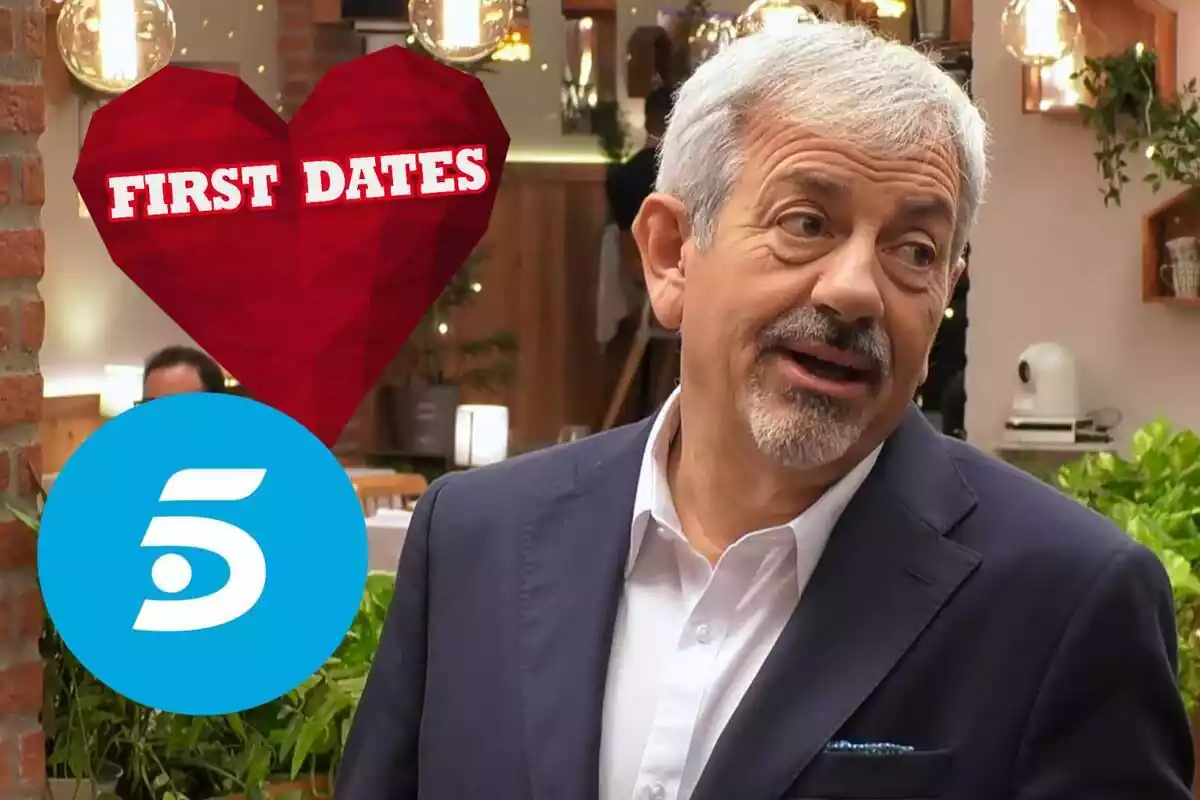 Muntatge de Carlos Sobera amb el logotip de First Dates i el de Telecinco