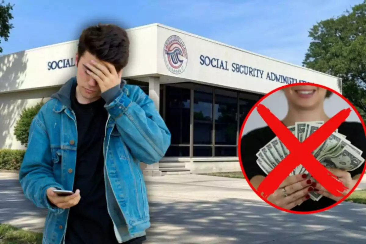 A young man in a denim jacket covers his face with one hand while holding a phone in front of a Social Security Administration building; to the right, a red circle with a red cross over an image of a person holding money.