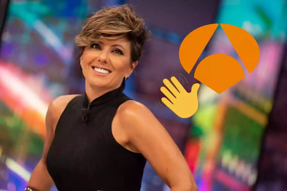 Muntatge de Sonsoles Onega al Hormiguero somrient al costat del logo d'Antena 3 i una mà acomiadant-se