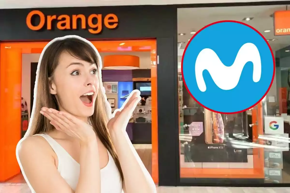 Una dona sorpresa davant d'una botiga d'Orange amb el logotip de Movistar superposat.