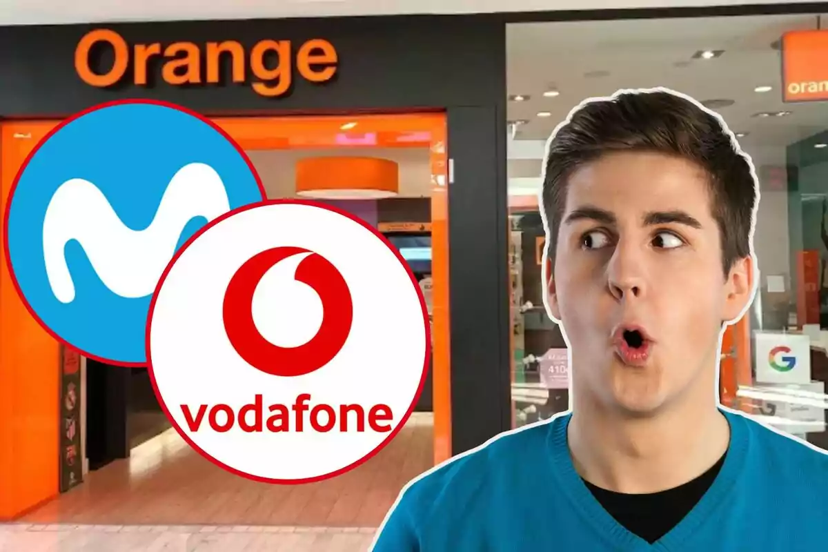 Un home sorprès davant d'una botiga d'Orange amb els logotips de Movistar i Vodafone superposats.