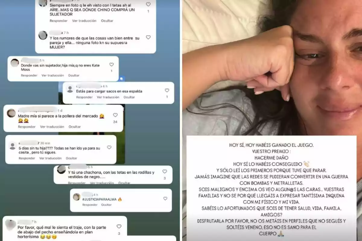 Comentarios ofensivos en redes sociales a la izquierda y Anabel Pantoja llorando en la derecha con un mensaje sobre el daño causado por el odio en internet. Comentarios ofensivos en redes sociales a la izquierda y Anabel Pantoja llorando en la derecha con un mensaje sobre el daño causado por el odio en internet.
