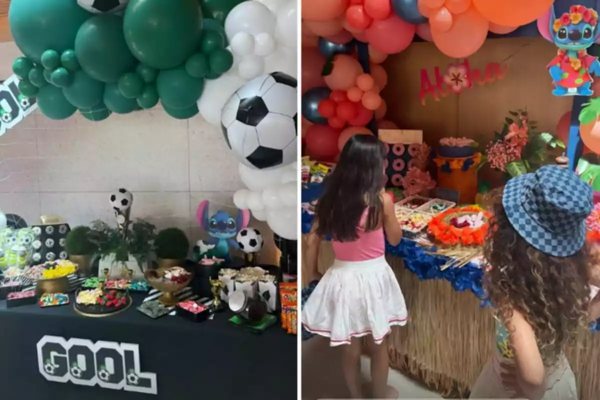 Dues taules de festa decorades, una amb temàtica de futbol i l’altra amb temàtica hawaiana, ambdues amb globus i dolços, i dues nenes observant la taula hawaiana. Dues taules de festa decorades, una amb temàtica de futbol i l’altra amb temàtica hawaiana, ambdues amb globus i dolços, i dues nenes observant la taula hawaiana.