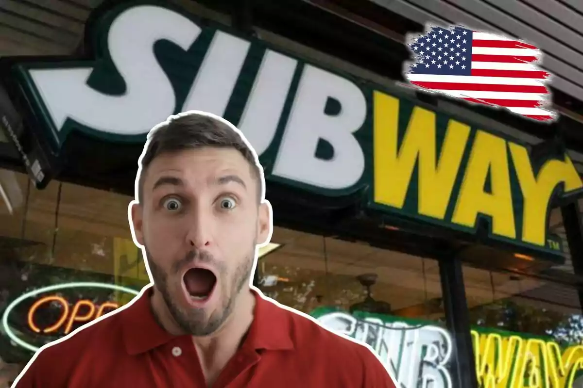 Surprised man in front of a Subway sign with a United States flag in the top right corner