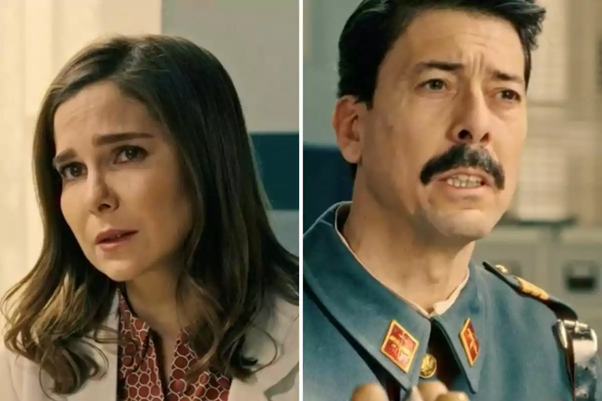 Begoña i el sergent Pontón en primer pla, una dona amb expressió seriosa i un home amb bigoti vestit amb uniforme militar, tots dos en ambients interiors. Begoña i el sergent Pontón en primer pla, una dona amb expressió seriosa i un home amb bigoti vestit amb uniforme militar, tots dos en ambients interiors.