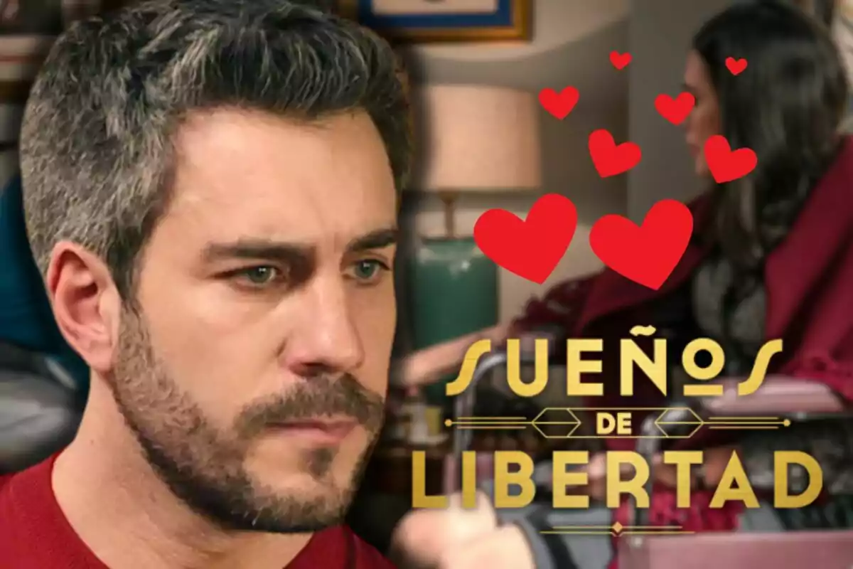 Dani Tatay amb expressió seriosa en primer pla, al fons una dona asseguda i diversos cors vermells, al costat del text Sueños de Libertad