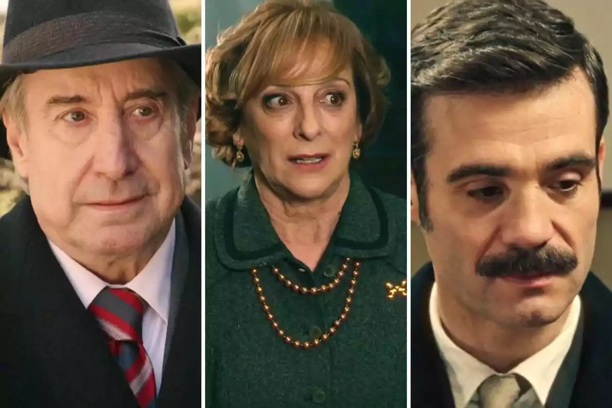 Don Pedro, Irene i Joaquim amb expressions serioses i vestimenta d’època, un home gran amb barret, una dona amb collaret de perles i un home amb bigoti Don Pedro, Irene i Joaquim amb expressions serioses i vestimenta d’època, un home gran amb barret, una dona amb collaret de perles i un home amb bigoti