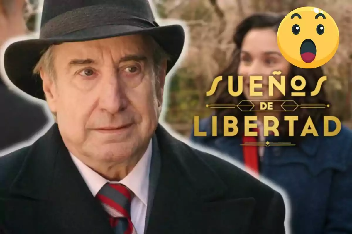 Juanjo Puigcorbé amb barret i corbata en primer pla, al fons una dona desenfocada, un emoji de sorpresa i el text Sueños de Libertad