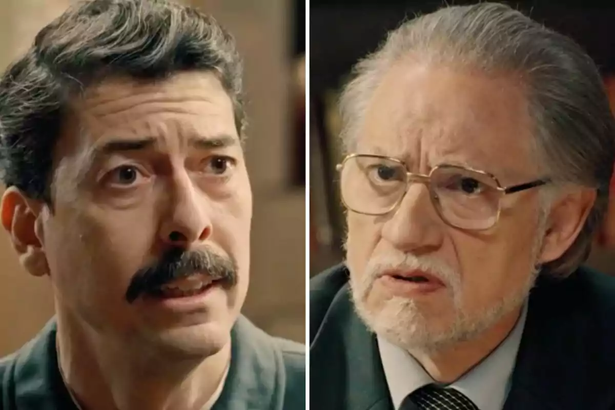 El sergent Pontón i en Damián, amb expressions serioses, estan tenint una conversa intensa: un és més jove amb bigoti i l’altre és més gran amb ulleres i barba canosa. El sergent Pontón i en Damián, amb expressions serioses, estan tenint una conversa intensa: un és més jove amb bigoti i l’altre és més gran amb ulleres i barba canosa.