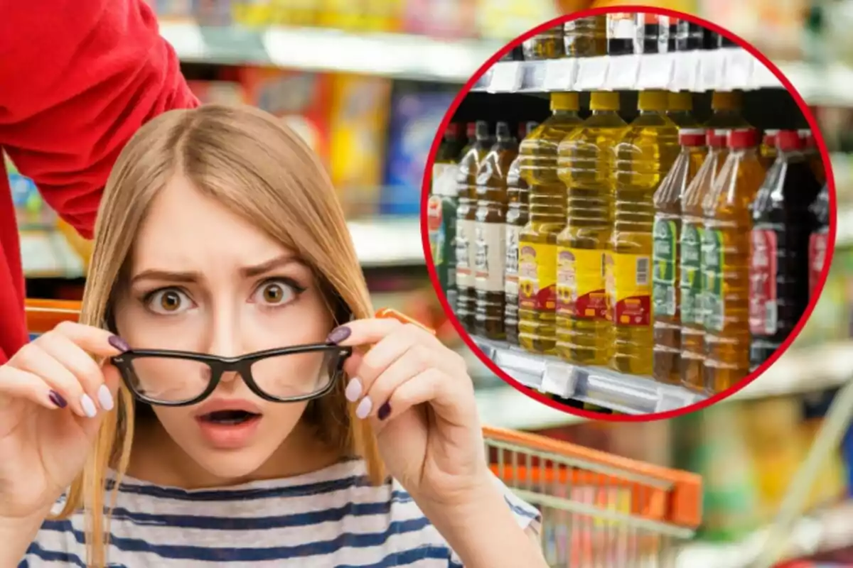 Dona sorpresa en un supermercat amb un cercle ressaltant ampolles dʻoli en un prestatge.