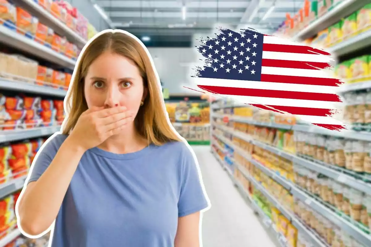 A woman with a surprised expression covers her mouth in a supermarket aisle with a United States flag in the background.