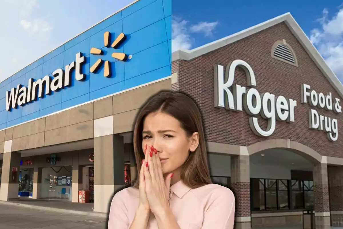 Una dona amb expressió preocupada està superposada entre les façanes de dues botigues, una de Walmart i una altra de Kroger.