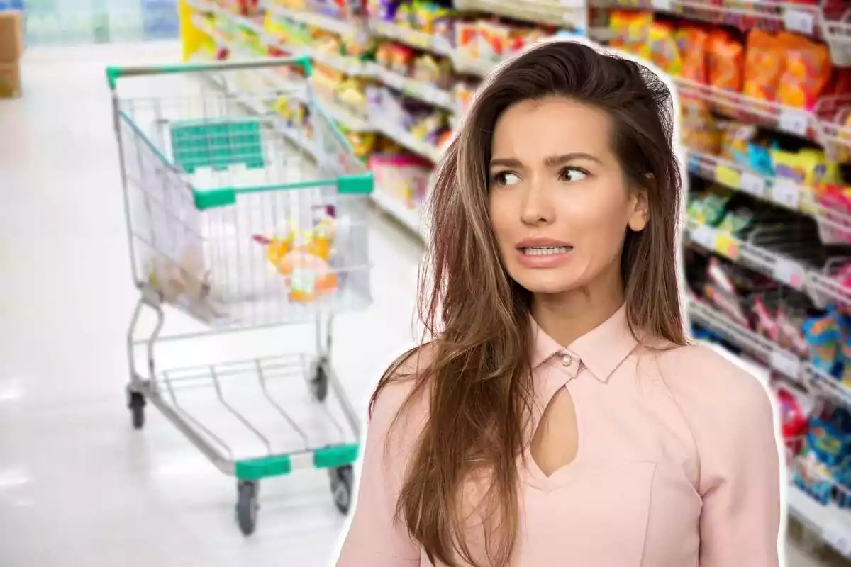 Muntatge amb un carret al passadís d'un supermercat i una dona amb cara d'estar flipant