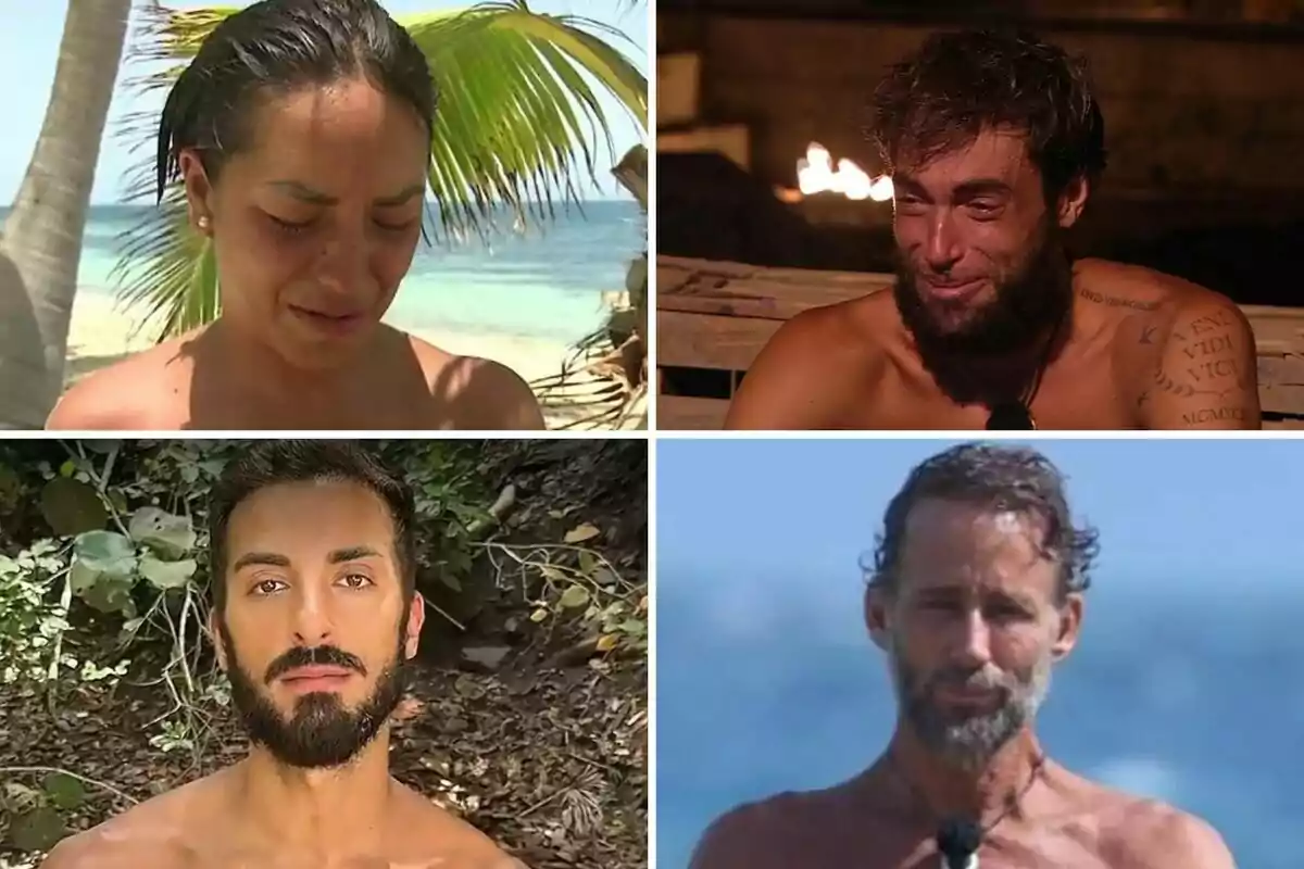 Anita, Montoya, Borja González i Álvaro Muñoz Escassi amb expressions serioses i un fons de platja o natura, en el que sembla ser un reality de supervivència. Anita, Montoya, Borja González i Álvaro Muñoz Escassi amb expressions serioses i un fons de platja o natura, en el que sembla ser un reality de supervivència.