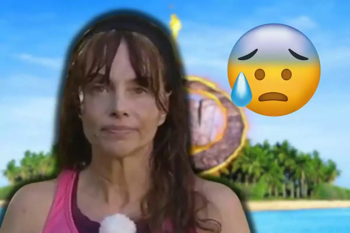 Beatriz Rico amb expressió seriosa en un entorn tropical amb un emoji de cara preocupada i una llàgrima al costat.