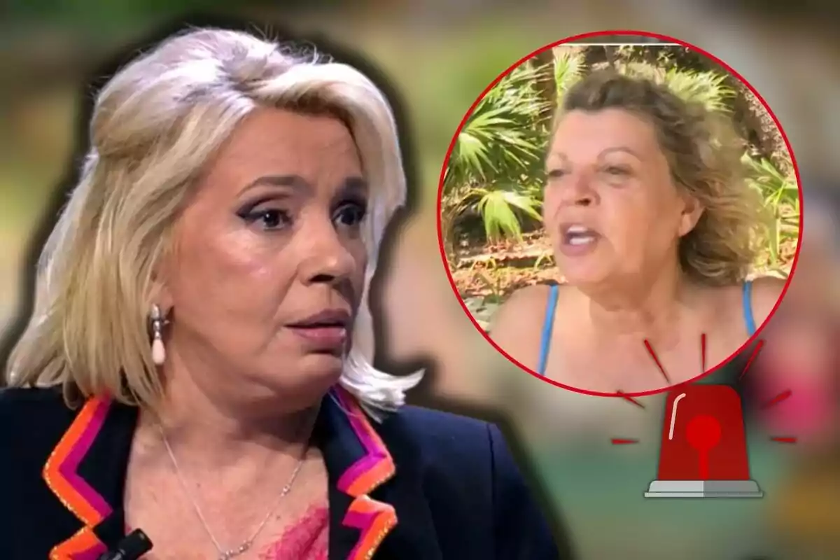 Carmen Borrego amb expressió seriosa en un estudi de televisió i un requadre circular que mostra a Terelu Campos a l'aire lliure amb una expressió diferent, acompanyat d'una icona d'alarma.